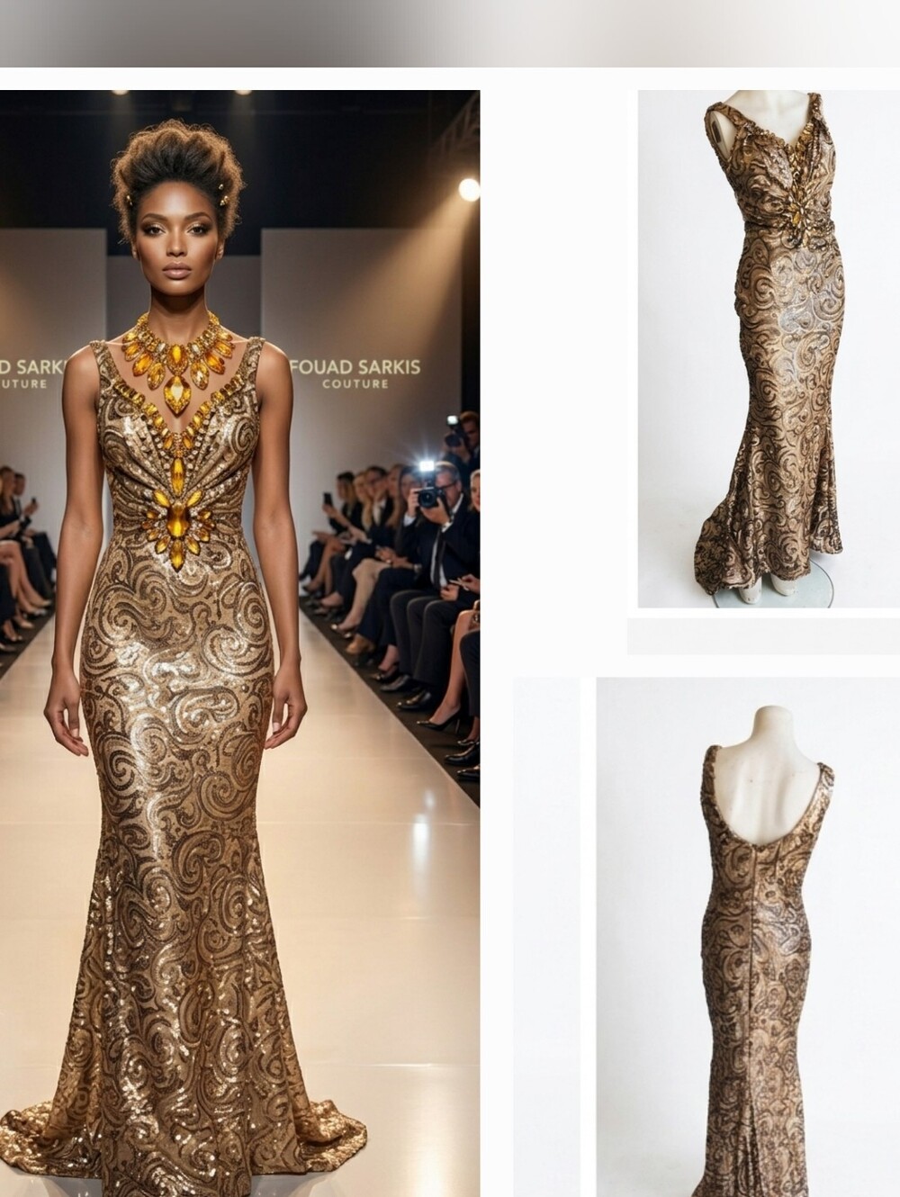 Couture Gold Sequin Embellished Evening Gown